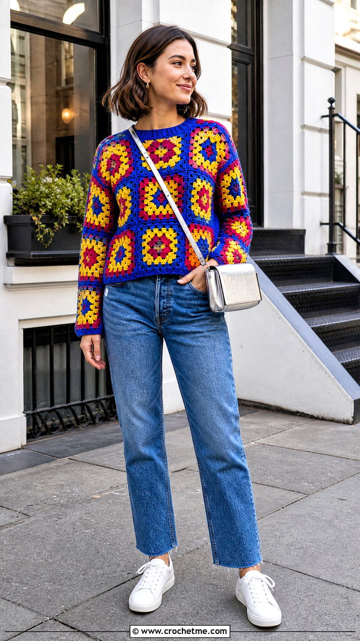Granny Square Patchwork Crochet Sweater With Straight Leg Jeans - 35 patchwork crochet sweater outfit ideas