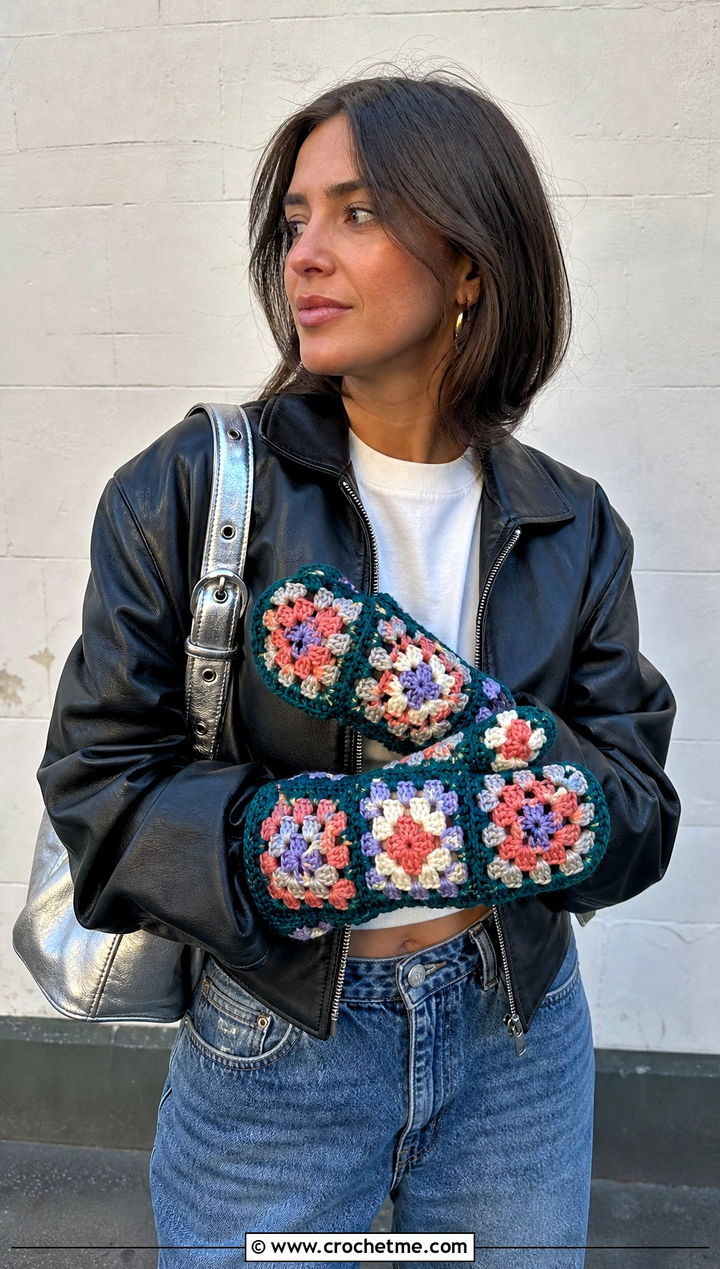 Granny Square Patchwork Crocheted Mittens With Leather Jacket - 30 Crocheted Mittens outfit ideas