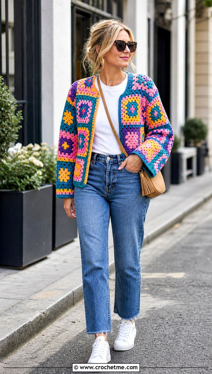 Granny Square Patchwork Jacket With Straight Leg Jeans - 15 Colorful Crochet Jacket Design outfit ideas