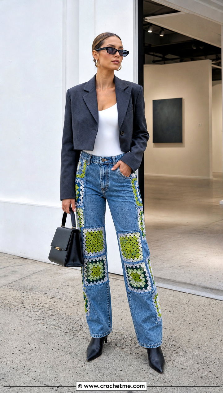 Granny Square Patchwork Jeans With Cropped Blazer - 30 crochet denim pants outfit ideas