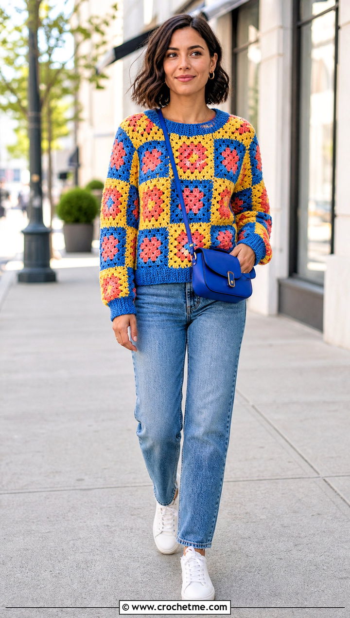 Granny Square Patchwork Jumper With Straight Leg Jeans - 15 crochet patchwork jumper outfit ideas