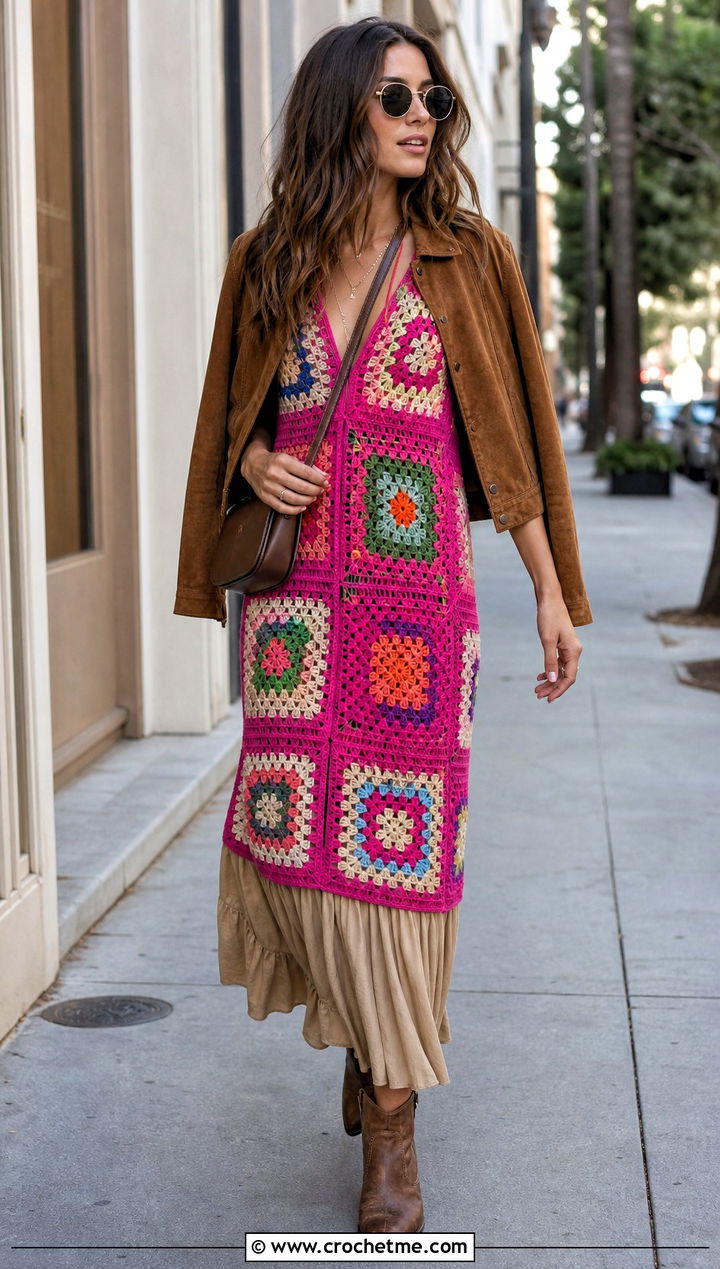 Granny Square Patchwork Maxi Dress With Western Boots - 25 crochet and fabric dress outfit ideas