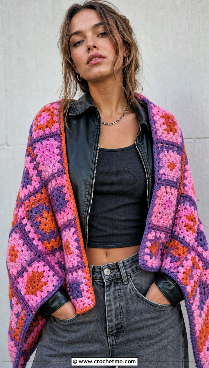 Granny Square Patchwork Shawl With Leather Jacket - 15 Granny Crochet Shawl outfit ideas
