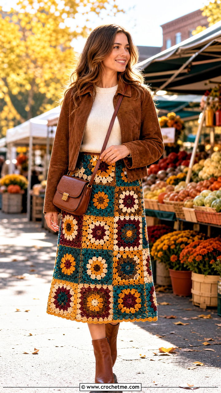 Granny Square Patchwork Skirt With Suede Jacket - 35 granny square skirt outfit ideas
