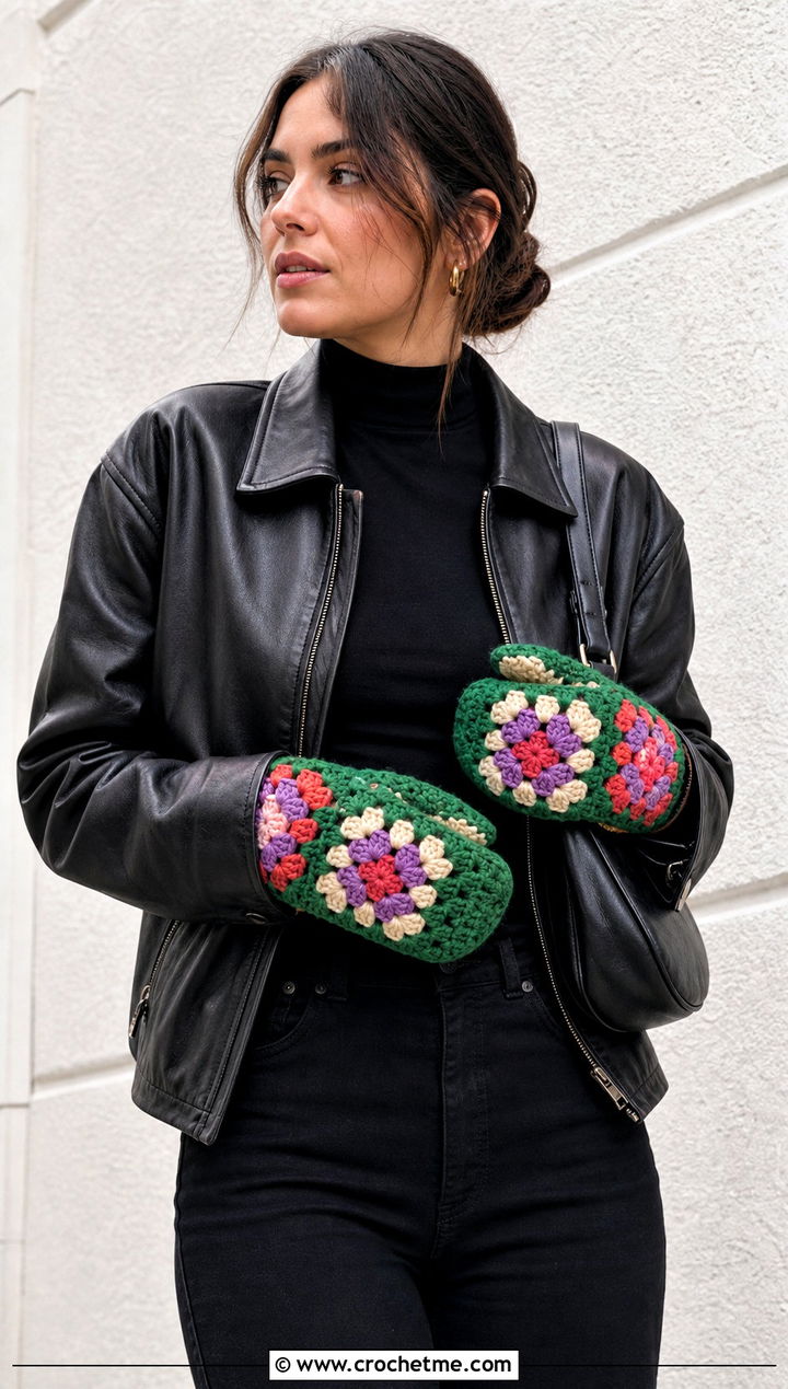 Granny Square Patchwork Tabi Crochet Mittens With Leather Jacket And Black Jeans - 25 Tabi Crochet Mittens outfit ideas