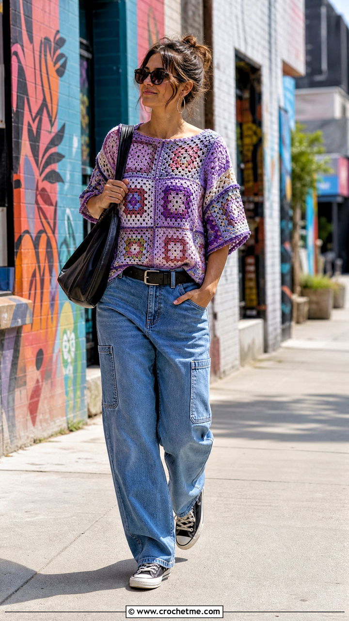 Granny Square Patchwork Top With Carpenter Jeans - 35 crochet granny square tops outfit ideas