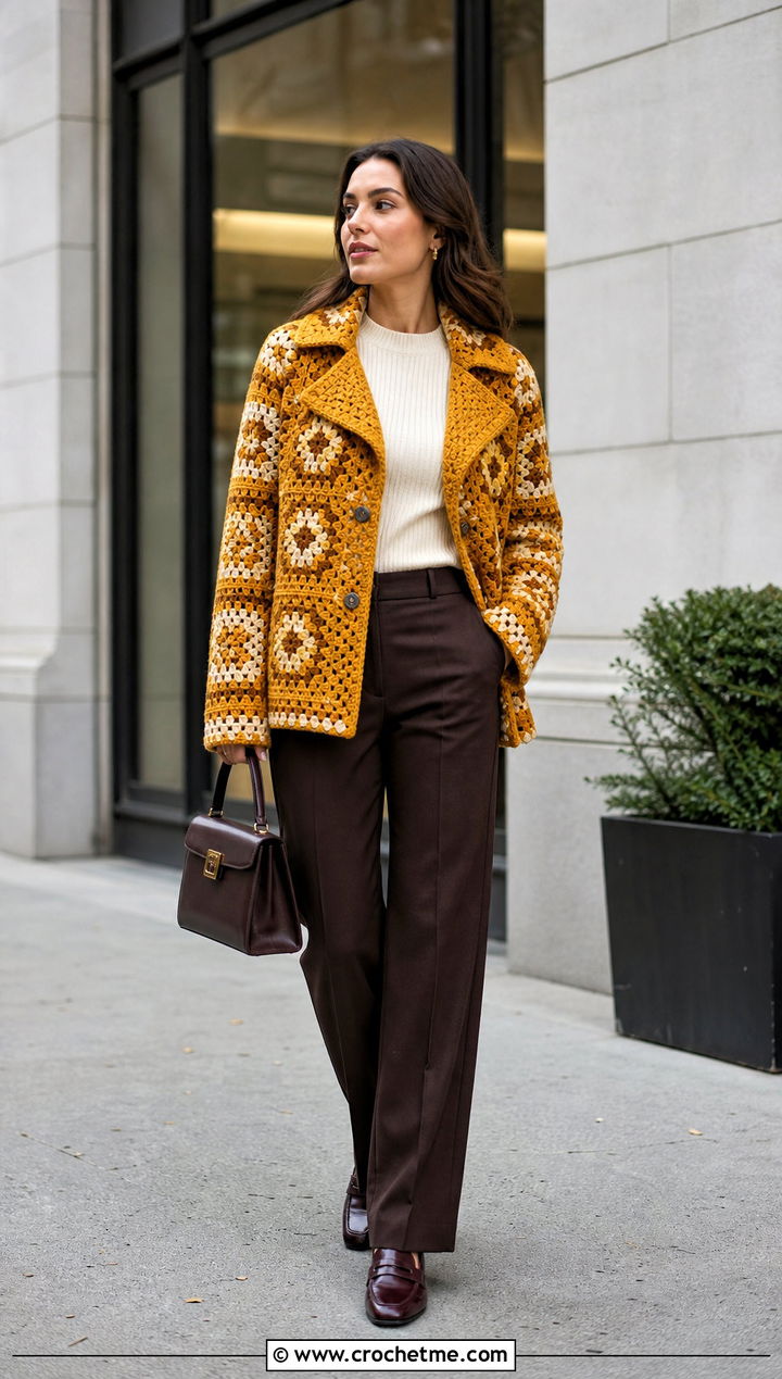 Granny Square Peacoat With Straight Trousers - 30 granny square coat outfit ideas