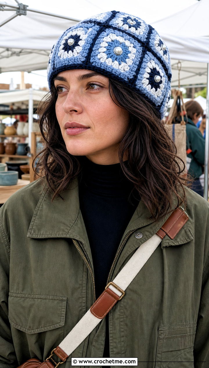 Granny Square Pearl Crochet Beanie With Utility Jacket - 15 Pearl Crochet Beanie outfit ideas