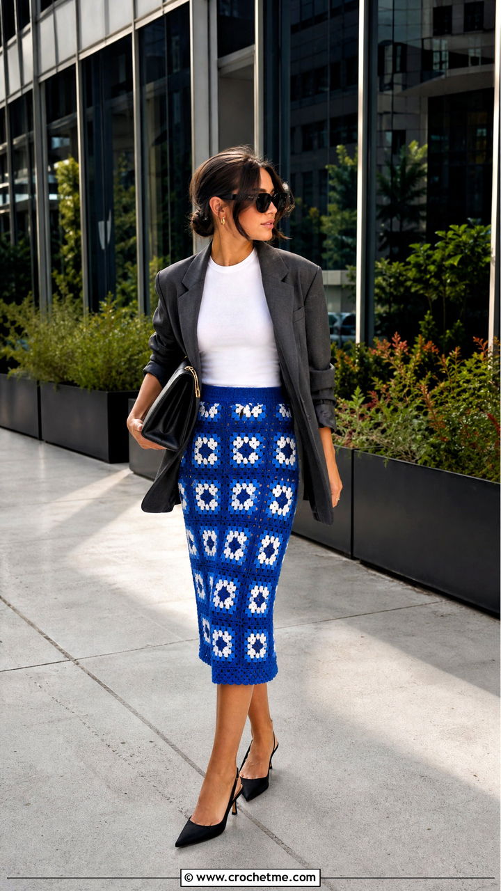 Granny Square Pencil Midi Skirt With Oversized Blazer - 35 crochet granny skirt outfit ideas