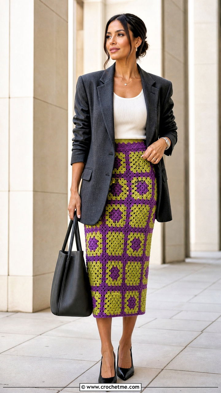 Granny Square Pencil Skirt With Oversized Blazer - 35 granny square skirt outfit ideas