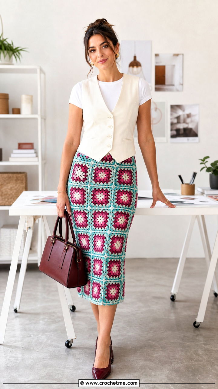 Granny Square Pencil Skirt With Waistcoat - 35 granny square skirt outfit ideas