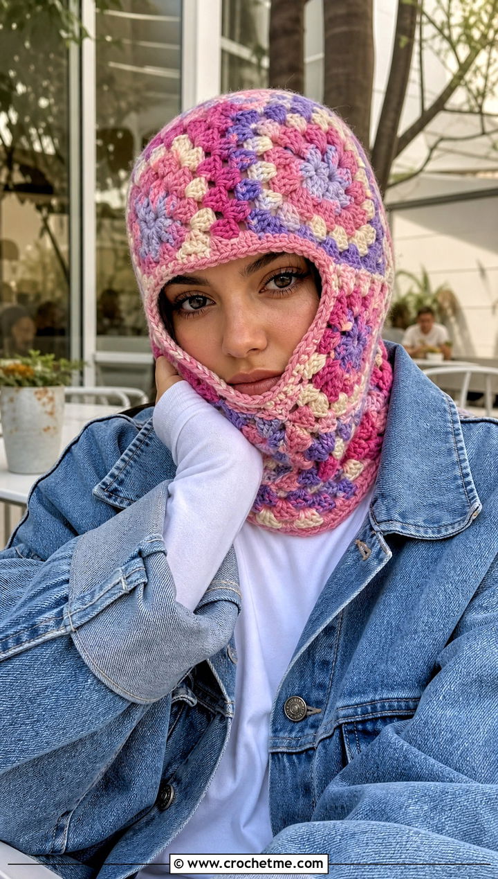 Granny Square Pink Crochet Balaclava With Denim Jacket - 25 Pink Crochet Balaclava outfit ideas