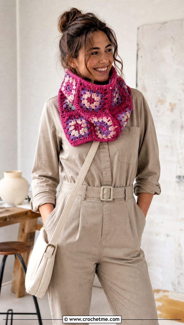 Granny Square Pink Crochet Cowl With Utility Jumpsuit - 15 pink crochet cowl outfit ideas