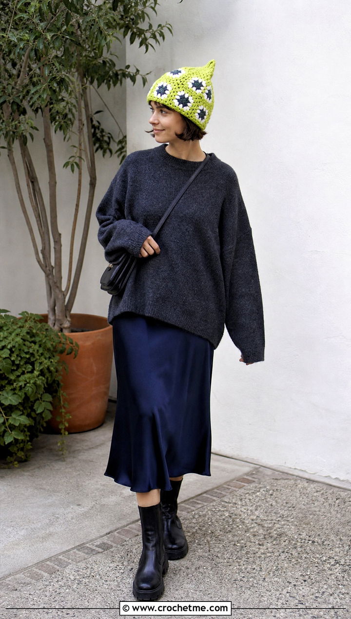 Granny Square Pixie Hat With Oversized Sweater And Midi Skirt - 35 granny square hats outfit ideas