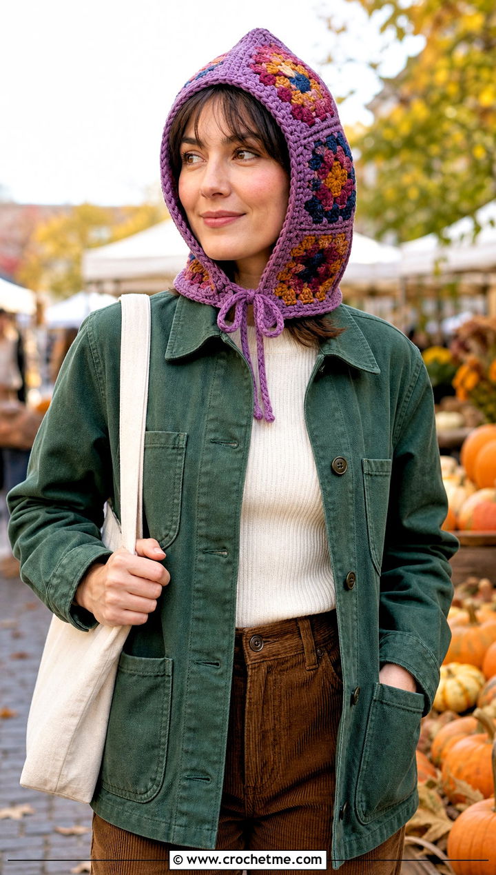 Granny Square Pixie Hood With Chore Jacket And Corduroy Pants - 25 pointy crochet hat outfit ideas