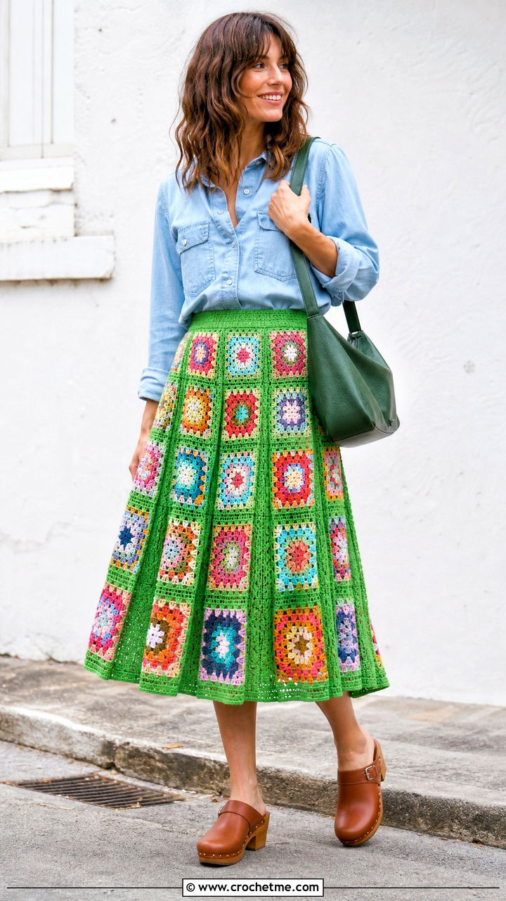 Granny Square Pleated Crochet Skirt With Chambray Shirt - 35 crochet pleated skirt outfit ideas