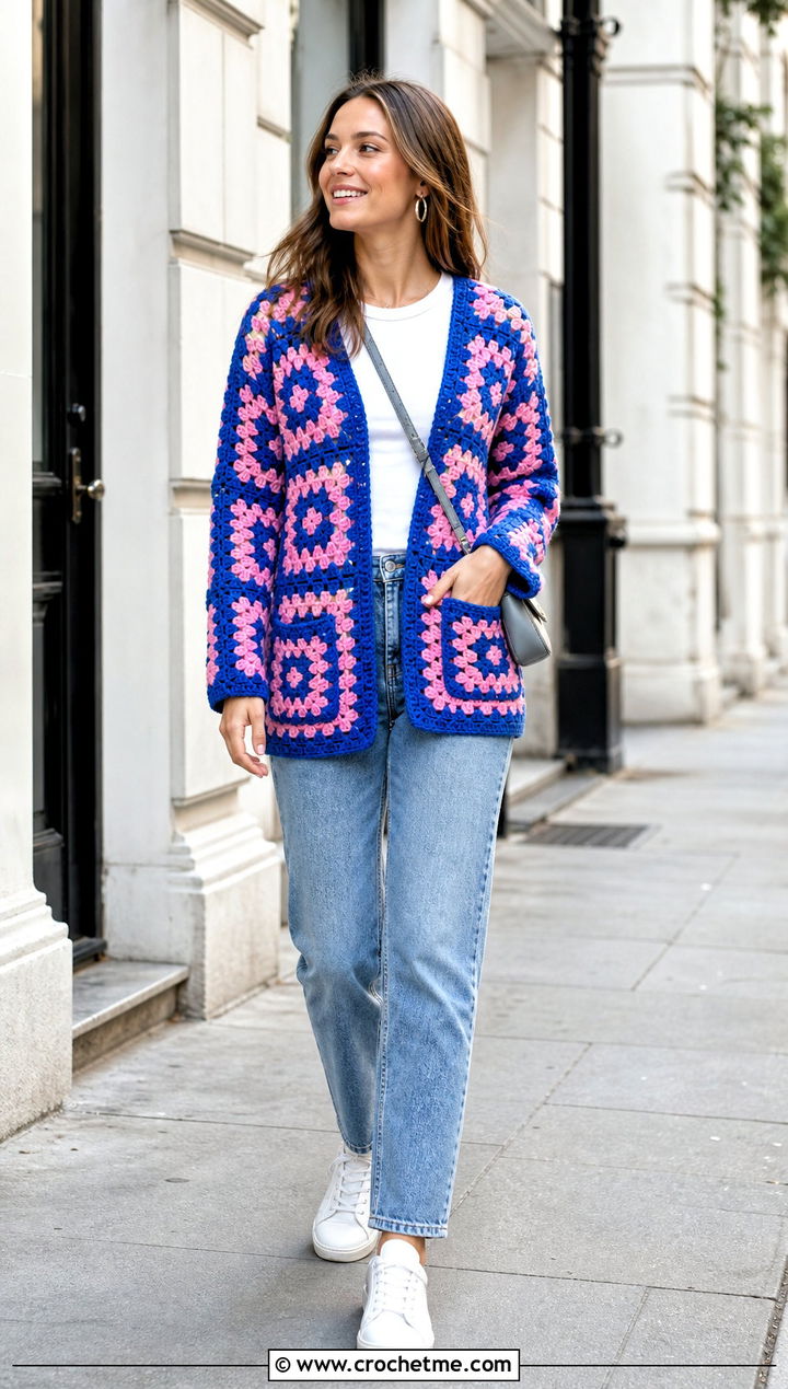 Granny Square Pocket Cardigan With Straight Leg Jeans - 25 crochet sweater with pockets outfit ideas