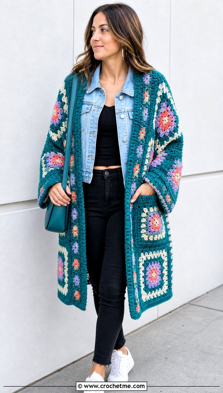 Granny Square Pocket Crochet Shawl With Denim Jacket - 15 Pocket Crochet Shawl outfit ideas