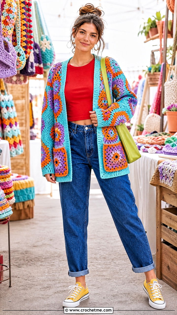 Granny Square Pocket Hexagon Cardigan With Mom Jeans - 35 crochet hexagon cardigan outfit ideas
