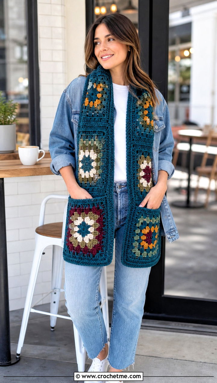 Granny Square Pocket Scarf With Denim Jacket - 25 crochet pocket scarves outfit ideas