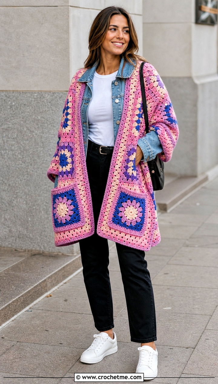 Granny Square Pocket Shawl With Denim Jacket - 15 Crochet Shawls And Wraps With Pockets outfit ideas