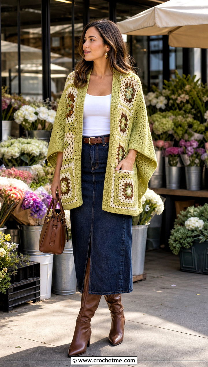 Granny Square Pocket Shawl With Denim Skirt - 25 Easy Crochet Shawl With Pockets outfit ideas