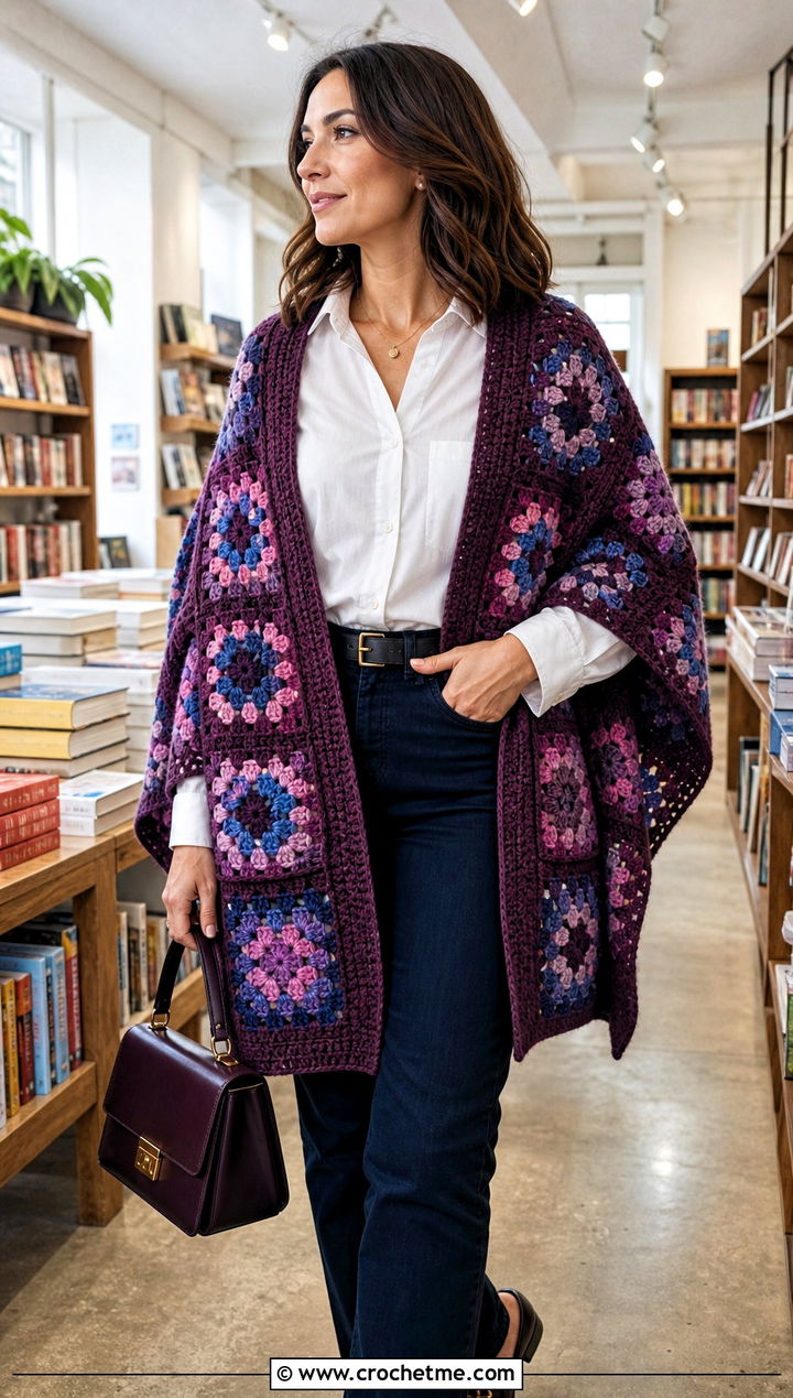 Granny Square Pocket Shawl With White Shirt And Jeans - 25 Crochet Pocket Scarf Shawl outfit ideas