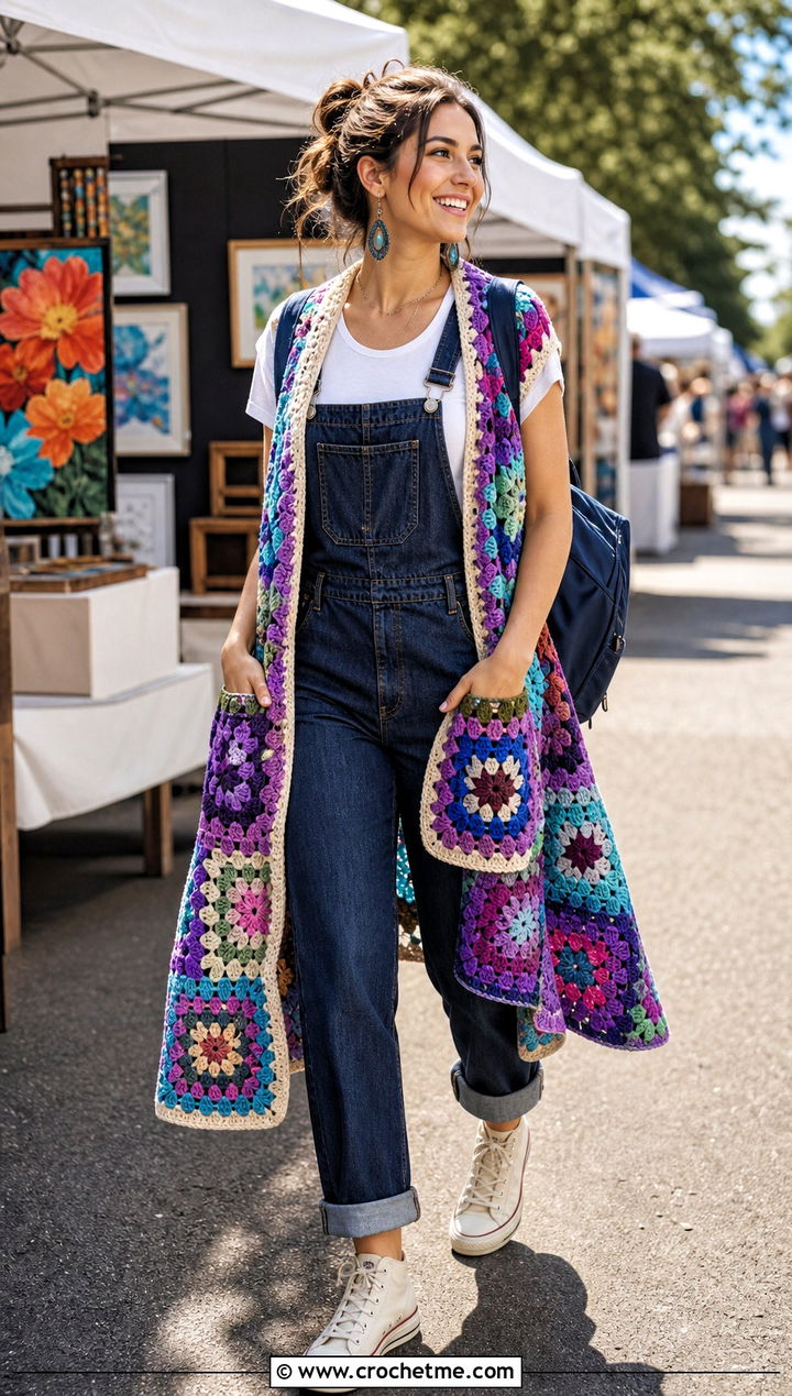Granny Square Pocket Wrap With Denim Overalls - 35 crochet wrap with pockets outfit ideas