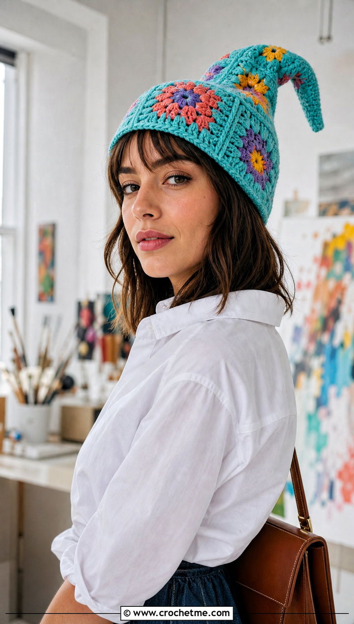 Granny Square Pointed Crochet Hat With White Shirt and Denim Skirt - 20 Pointed Crochet Hat outfit ideas
