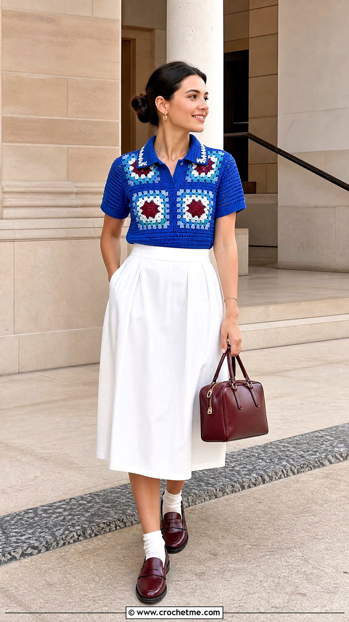 Granny Square Polo Top With A Line Skirt - 35 granny square top outfit ideas