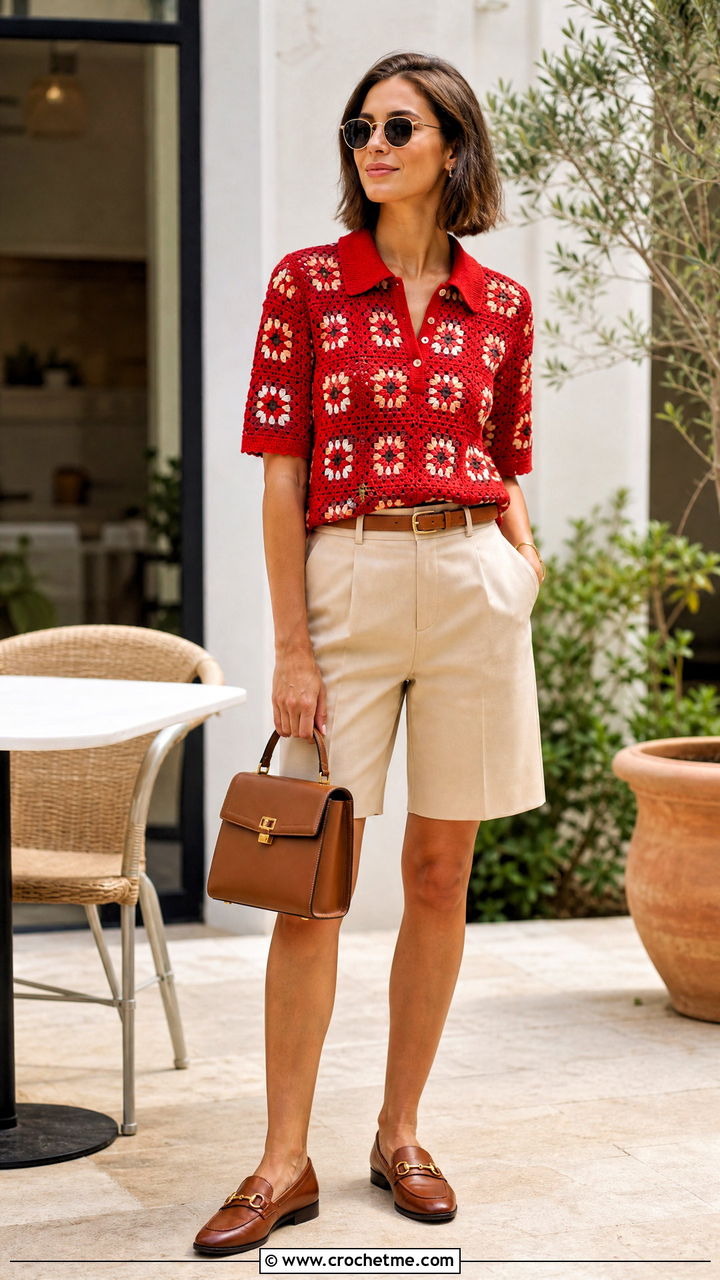 Granny Square Polo Top With Bermuda Shorts - 35 crochet granny square tops outfit ideas