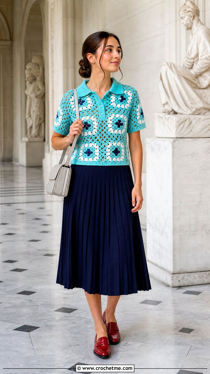 Granny Square Polo Top With Pleated Midi Skirt - 35 crochet granny square top outfit ideas