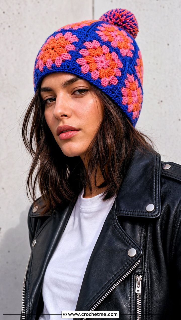 Granny Square Pom Pom Beanie With Leather Jacket - 30 crochet beanie with pom pom outfit ideas