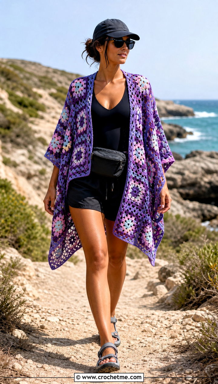 Granny Square Poncho Cover Up With Sporty Swimsuit - 15 granny square beach cover up outfit ideas