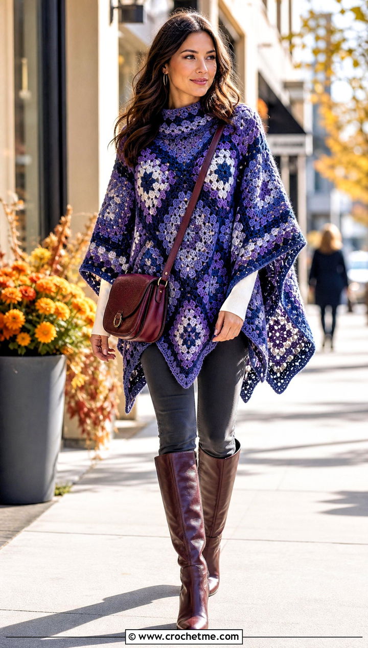 Granny Square Poncho Top With Knee High Boots - 35 granny square crochet top outfit ideas