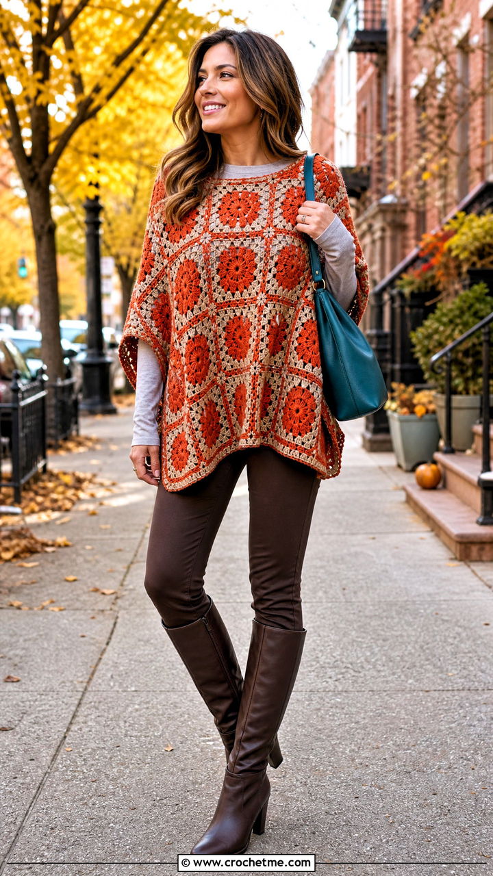 Granny Square Poncho Top With Slim Pants - 35 granny square tops outfit ideas
