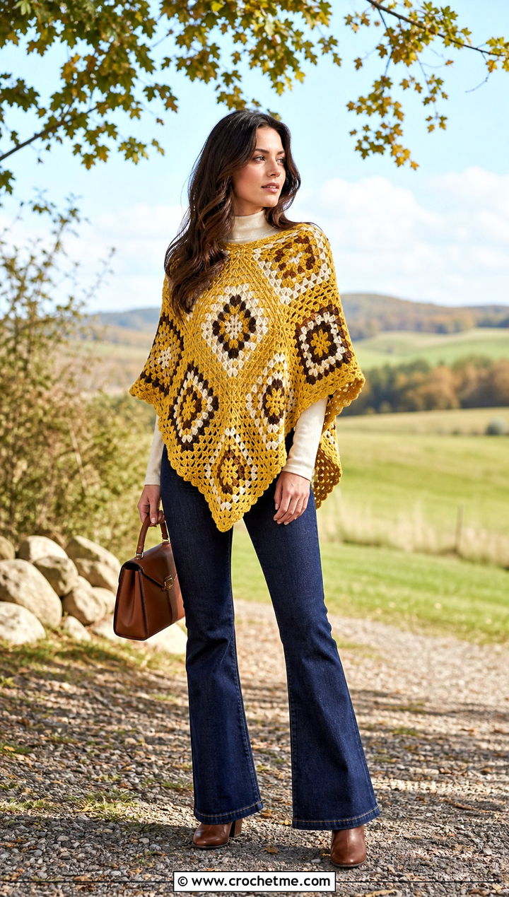 Granny Square Poncho With Flared Jeans - 35 Granny Square Clothing Ideas