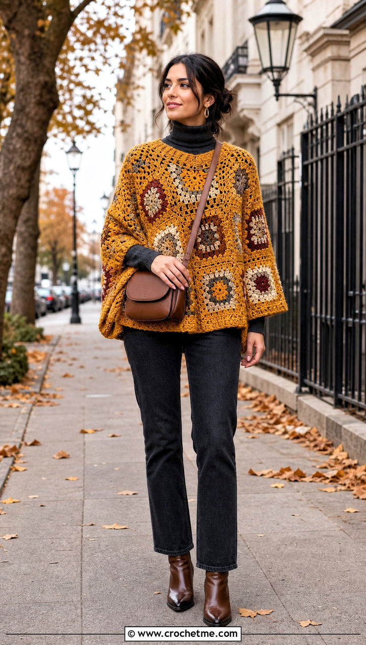 Granny Square Poncho With Straight Leg Jeans - 30 crochet granny square clothing and outfit ideas
