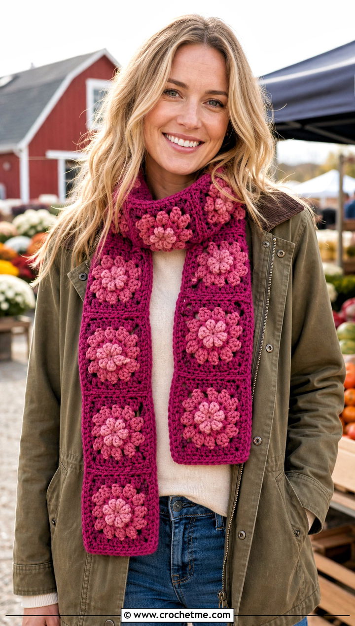 Granny Square Popcorn Crochet Scarf With Barn Jacket - 25 Popcorn Crochet Scarf outfit ideas