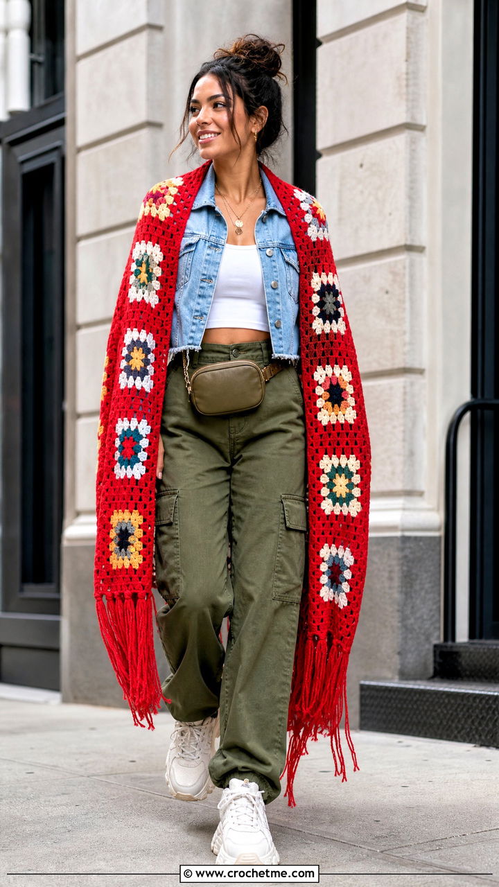 Granny Square Prayer Shawl With Denim Jacket And Cargo Pants - 35 easy crochet prayer shawls outfit ideas