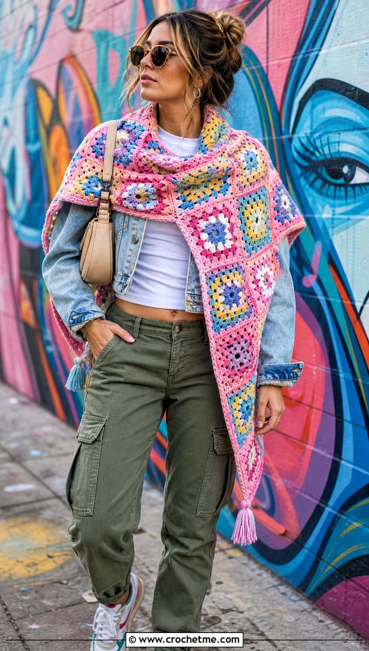 Granny Square Prayer Shawl With Denim Jacket - 15 Crochet Prayer Shawl Amazing Grace outfit ideas