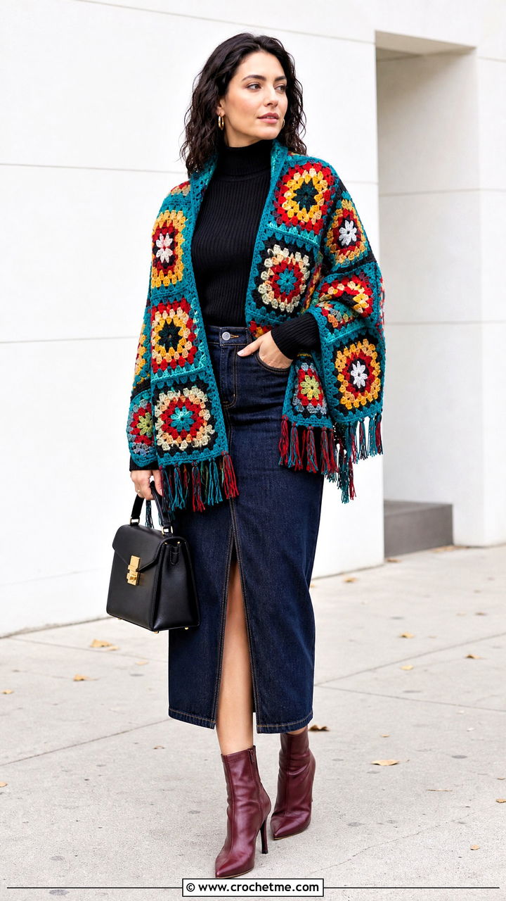 Granny Square Prayer Shawl With Denim Midi Skirt - 35 crochet prayer shawl outfit ideas