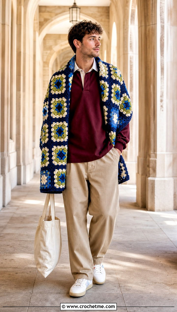 Granny Square Prayer Shawl With Rugby Shirt And Khakis - 20 Mens Crochet Prayer Shawl outfit ideas