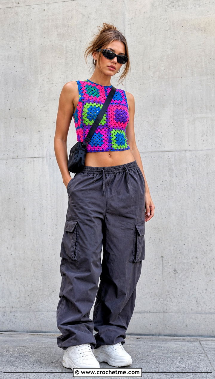 Granny Square Pride Crop Top With Cargo Pants - 35 crochet pride top outfit ideas