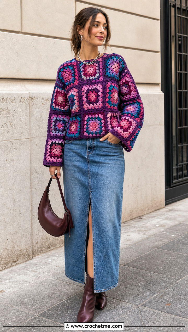 Granny Square Princess Bubblegum Crochet Sweater With Denim Maxi Skirt - 15 Crochet Princess Bubblegum Sweater outfit ideas
