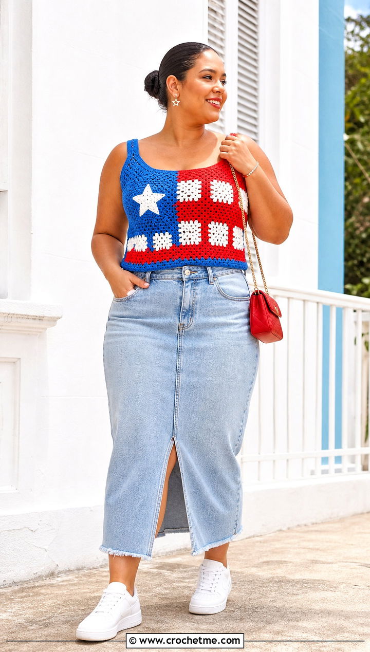 Granny Square Puerto Rican Flag Crochet Tank With Denim Skirt - 20 Puerto Rican Flag Crochet Top outfit ideas