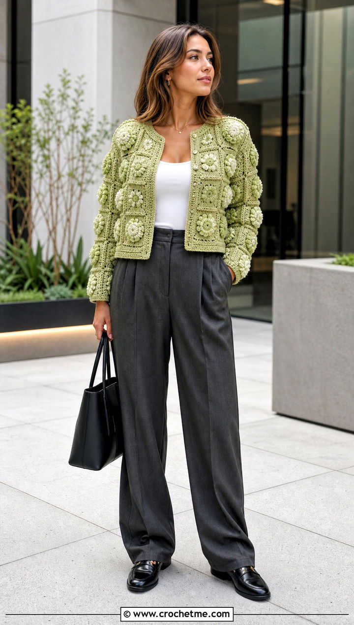 Granny Square Puff Flower Cardigan With Tailored Trousers - 15 Crochet Puff Flower Cardigan outfit ideas