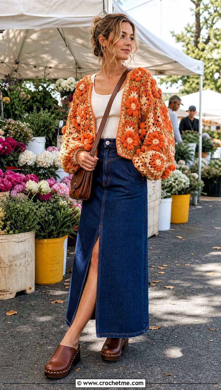 Granny Square Puff Flower Crochet Cardigan With Denim Maxi Skirt - 25 puff flower crochet cardigan outfit ideas