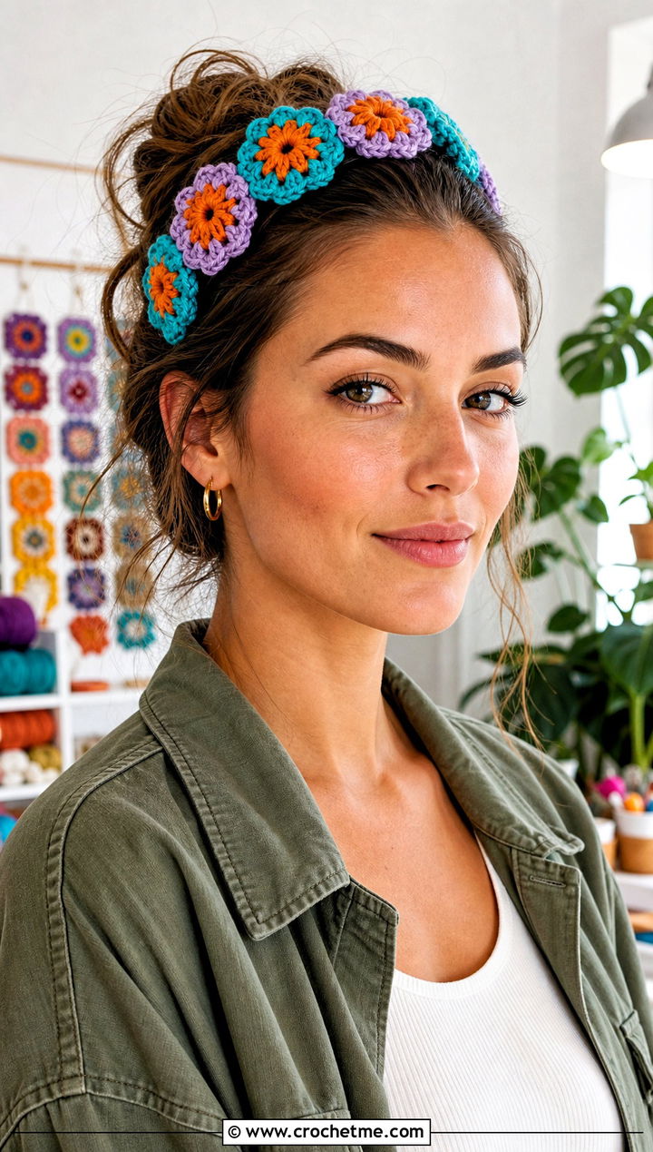 Granny Square Puff Flower Headband With Utility Outfit - 25 crochet puff flower headband outfit ideas