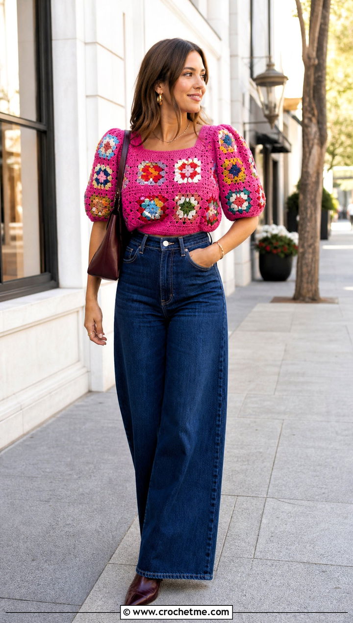 Granny Square Puff Sleeve Crochet Blouse With Wide Leg Jeans - 15 fall crochet blouse outfit ideas